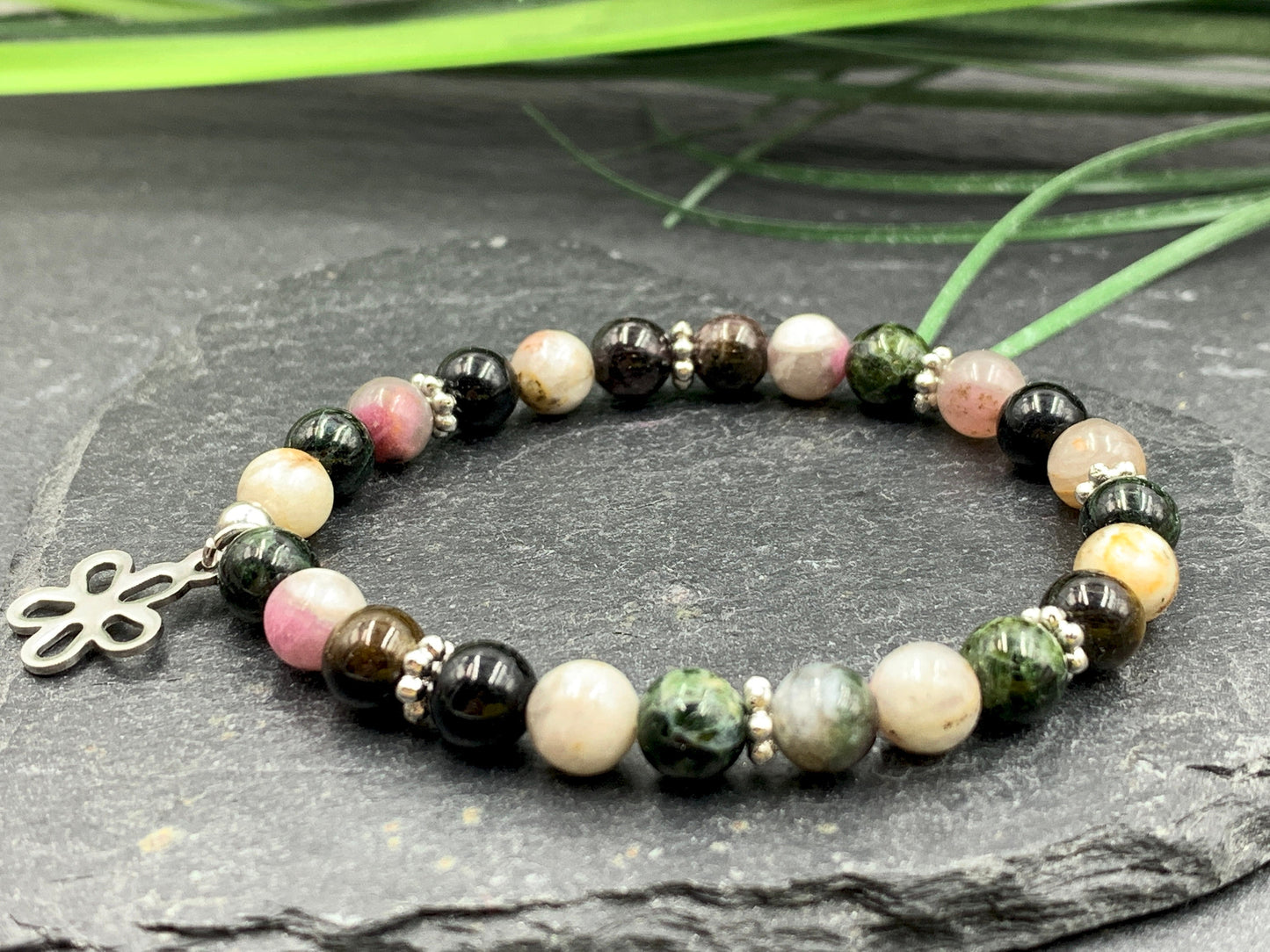 Perlenarmband Wassermelonen Turmalin echt Daisyperlen platiniert - spirituelles Armband - Geschenk Schutzstein Kraft Stärke Glück Liebe