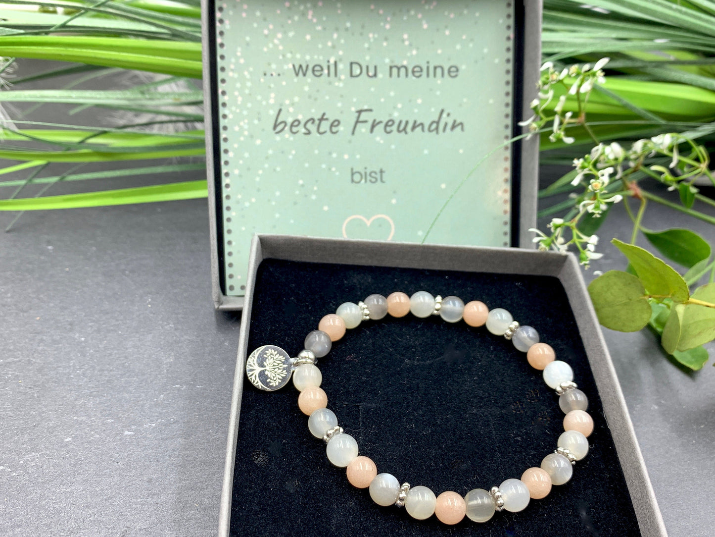 Armband Mondstein verschiedene Varianten mit Lebensbaum - Daisyperle echt Platiniert - Weiblichkeit Selbstliebe esoterisches Perlenarmband