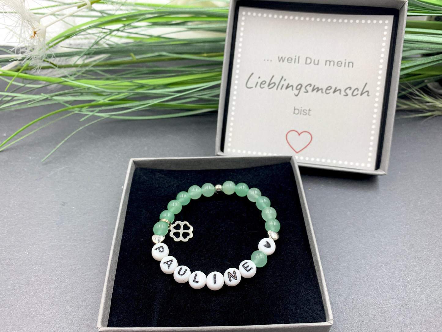 Perlenarmband Aventurin mit Name Herz platiniert - Geschenk Geburt Taufe Mama Namensarmband Freundschaft personalisierbar Wunschedelstein