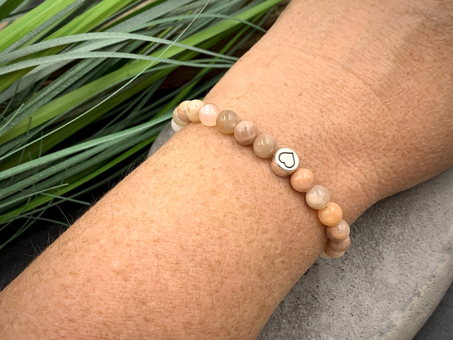 Armband Sonnenstein echter Naturstein mit Herz DQ - Silber Gold Roségold Gunmetal - spirituelles Armband - Geschenk Liebe Glück Freundin