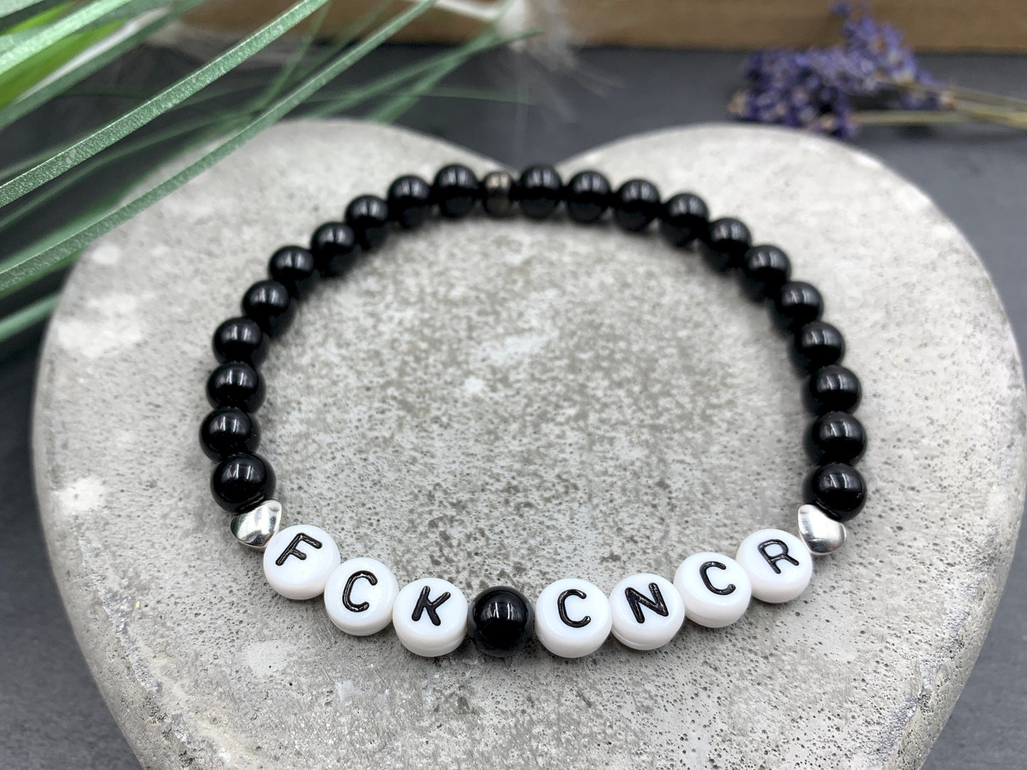 Armband Fuck Cancer Rosenquarz Herz Platiniert - Geschenk Aufmunterung Diagnose Krebs - Genesungswunsch - viele Edelsteine personalisierbar