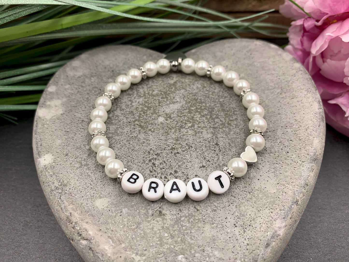 Perlenarmband Braut Weiß gewachste Glasperlen Perlmuttimitat Herz Platiniert Brautschmuck Perlenarmband Hochzeit Erinnerungsarmband heiraten