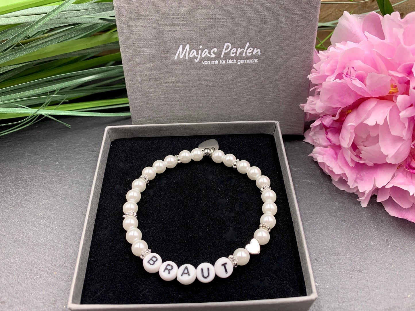 Perlenarmband Braut Weiß gewachste Glasperlen Perlmuttimitat Herz Platiniert Brautschmuck Perlenarmband Hochzeit Erinnerungsarmband heiraten