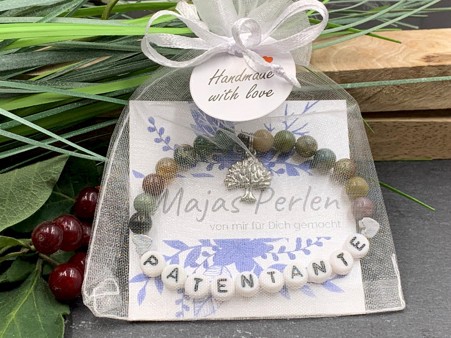 Armband Patentante Indischer Achat - Geschenk für Patin Patenschaft Taufgeschenk Andenken an Taufe - viele Edelsteine personalisierbar