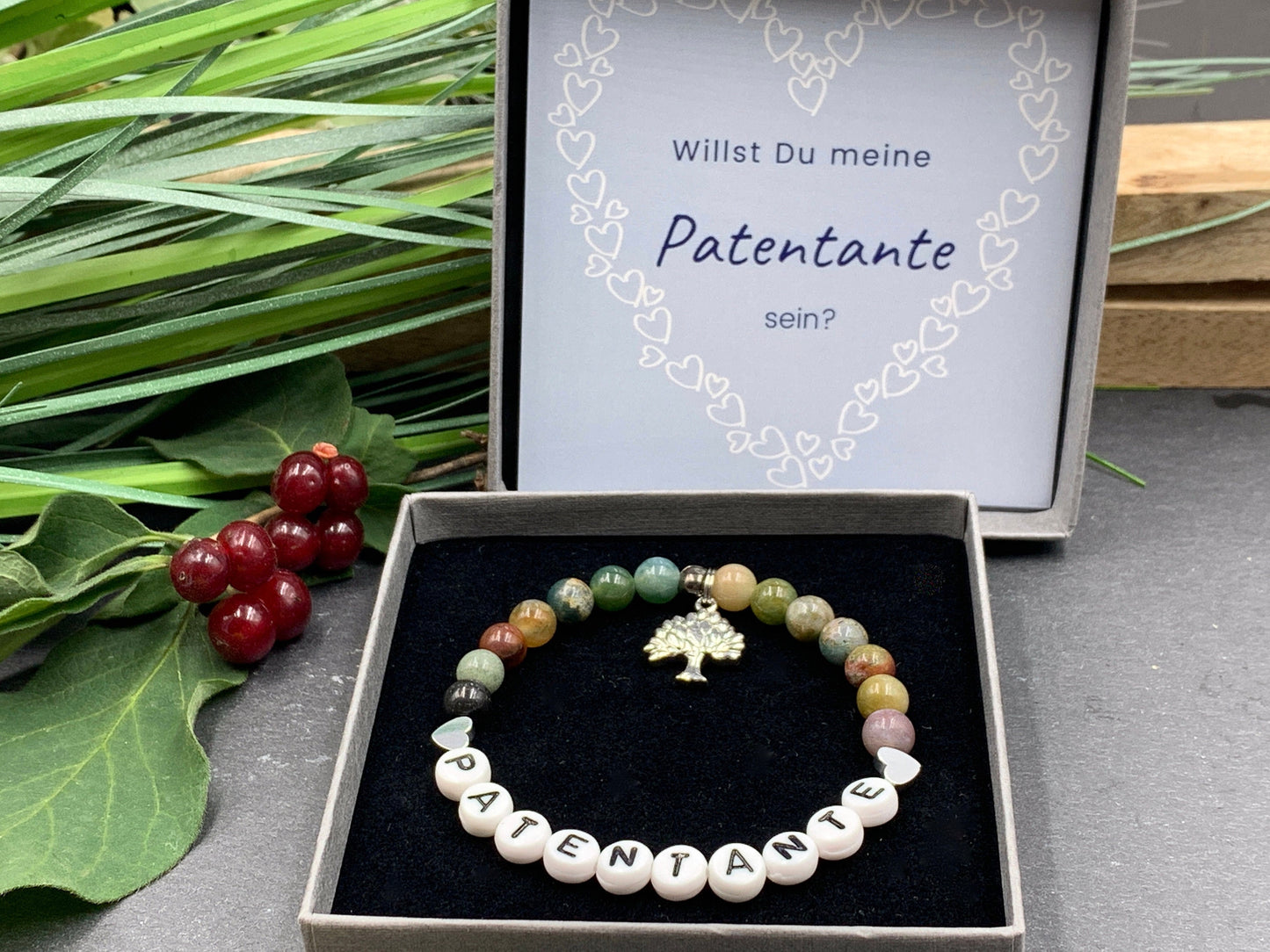 Armband Patentante Indischer Achat - Geschenk für Patin Patenschaft Taufgeschenk Andenken an Taufe - viele Edelsteine personalisierbar