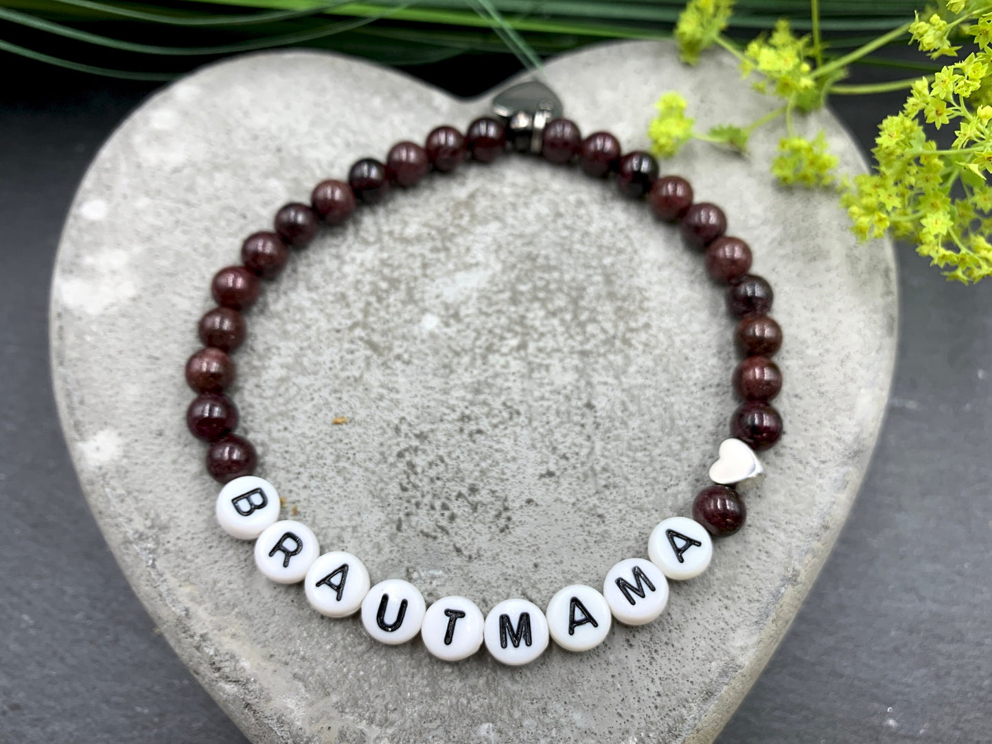 Armband Brautmutter Zebra Jaspis Herz platiniert - Perlenarmband Bräutigammama Brautmama Hochzeit - personalisierbar Edelstein wählbar