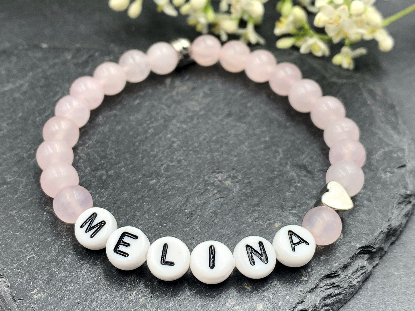 Rosenquarz Armband Name Melina - Herz Platiniert - Geschenk zur Geburt oder Taufe, Rosenquarzarmband personalisiert Mädchenarmband