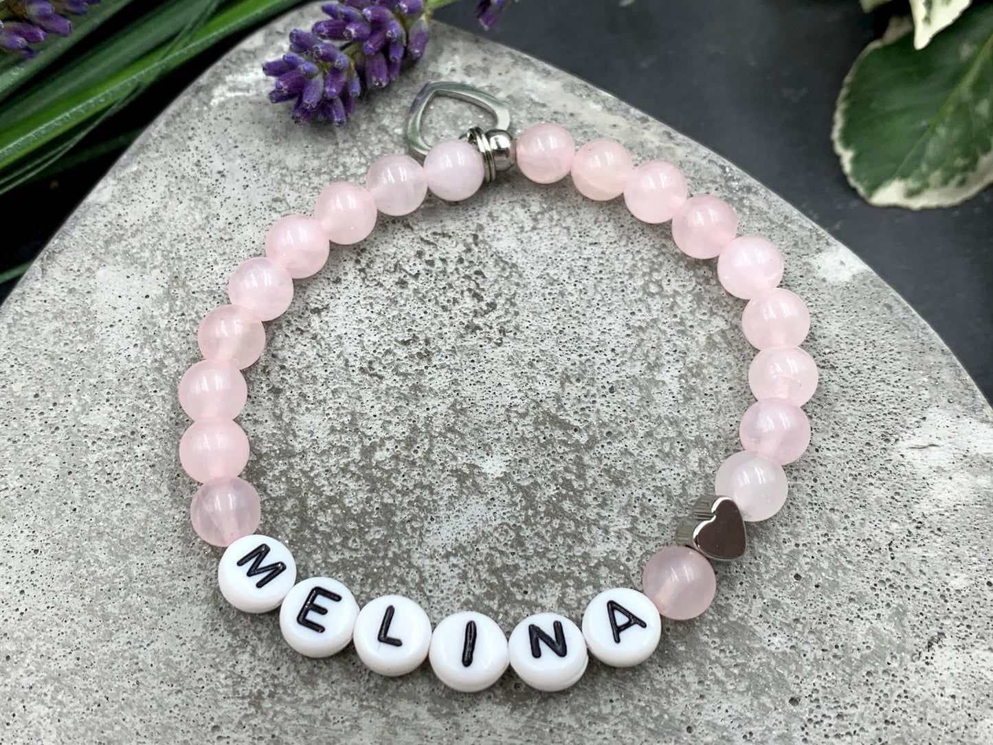 Rosenquarz Armband Name Melina - Herz Platiniert - Geschenk zur Geburt oder Taufe, Rosenquarzarmband personalisiert Mädchenarmband