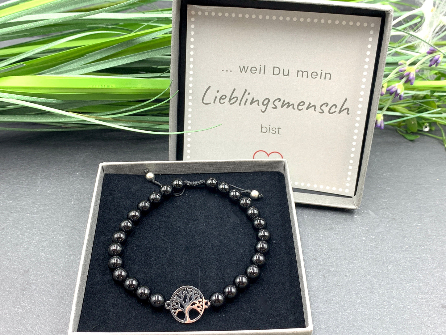 Makramee Armband Lebensbaum schwarzer Turmalin - Geburtsstein Oktober - Perlenarmband Schutzstein - Geschenk Liebe Glück Kraft - anpassbar
