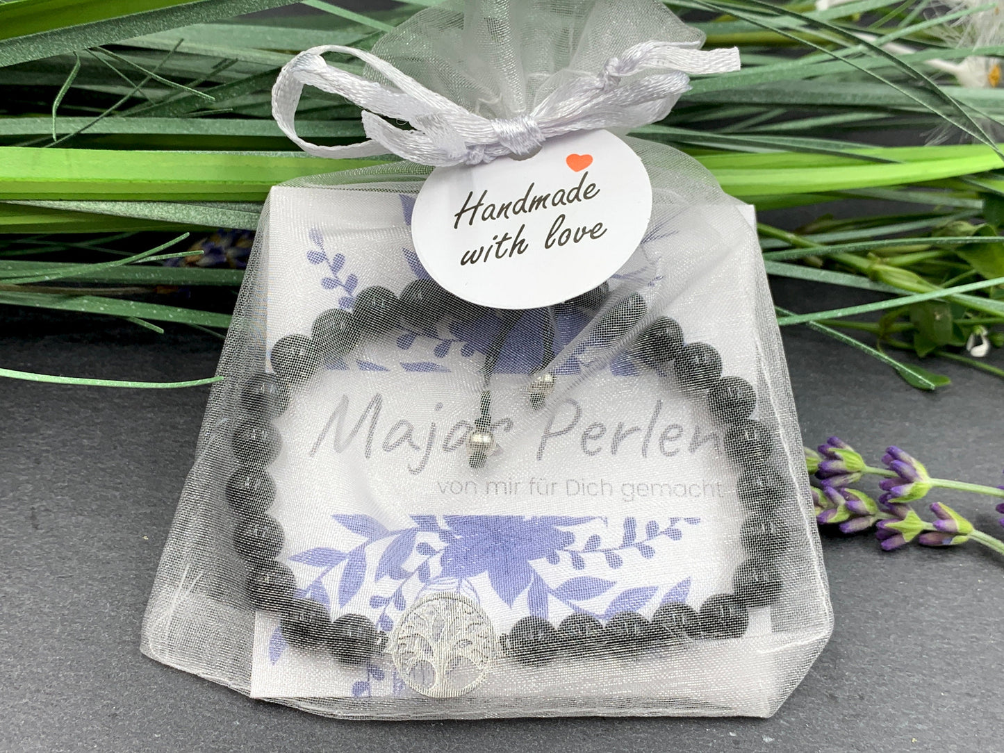 Makramee Armband Lebensbaum schwarzer Turmalin - Geburtsstein Oktober - Perlenarmband Schutzstein - Geschenk Liebe Glück Kraft - anpassbar