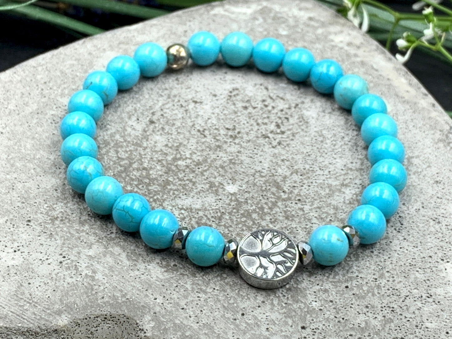 Armband Lebensbaum Türkis Hämatit - Geburtsstein Dezember - Perlen 6 mm - Rosenquarz Amazonit Granat uvm. - Geschenk Liebe Mama Geburtstag