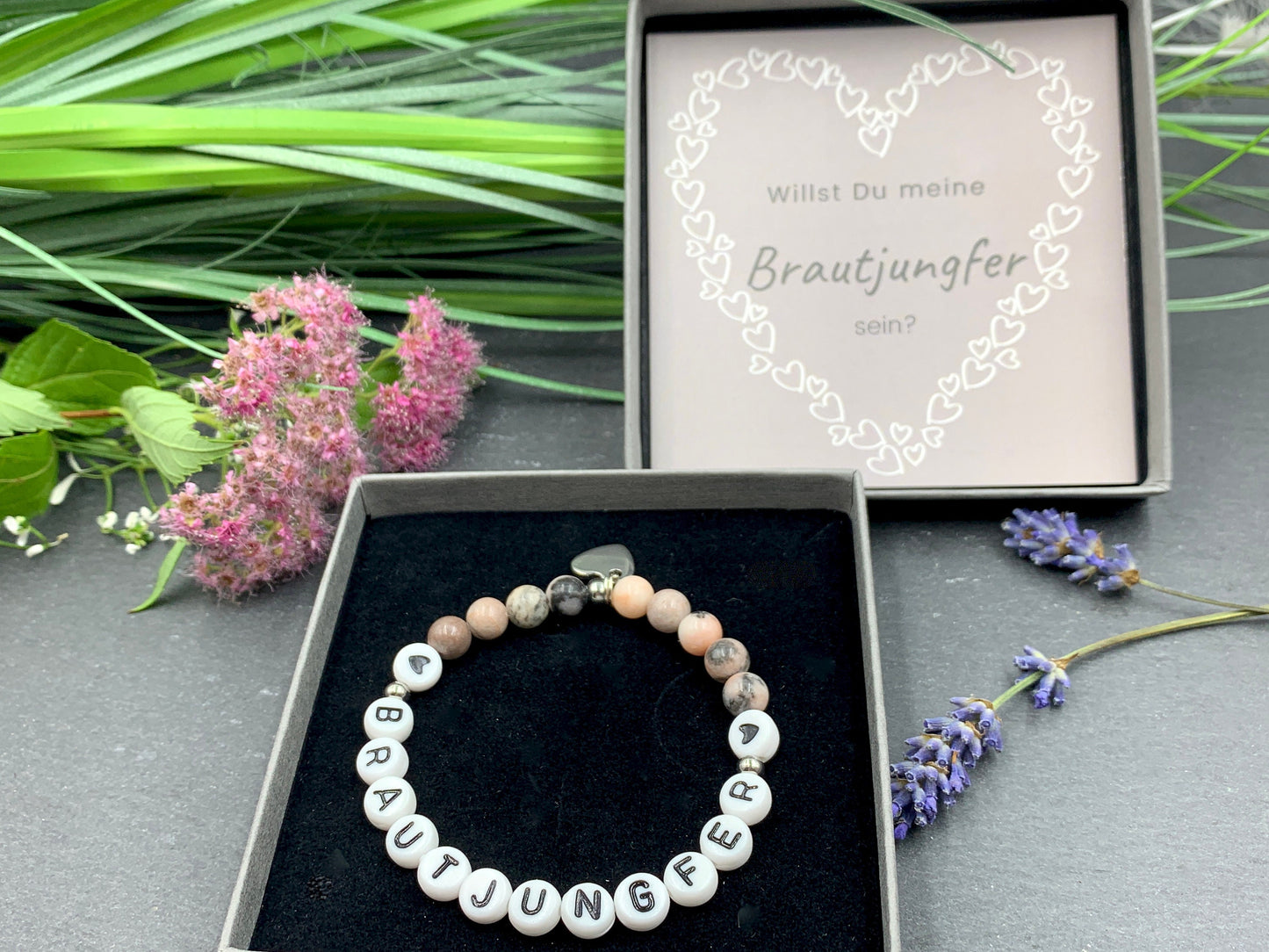 Armband Brautjungfer Zebra Jaspis - Andenken an Hochzeit Erinnerungsarmband Frage Trauzeugin Team Braut JGA heiraten - personalisierbar