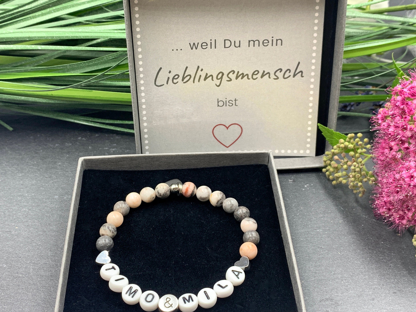 Armband Amazonit Mama und Kindername - Herzen Hämatit - Geschenk Schwangerschaft Baby Geburt Perlenarmband personalisierbar div. Edelsteine