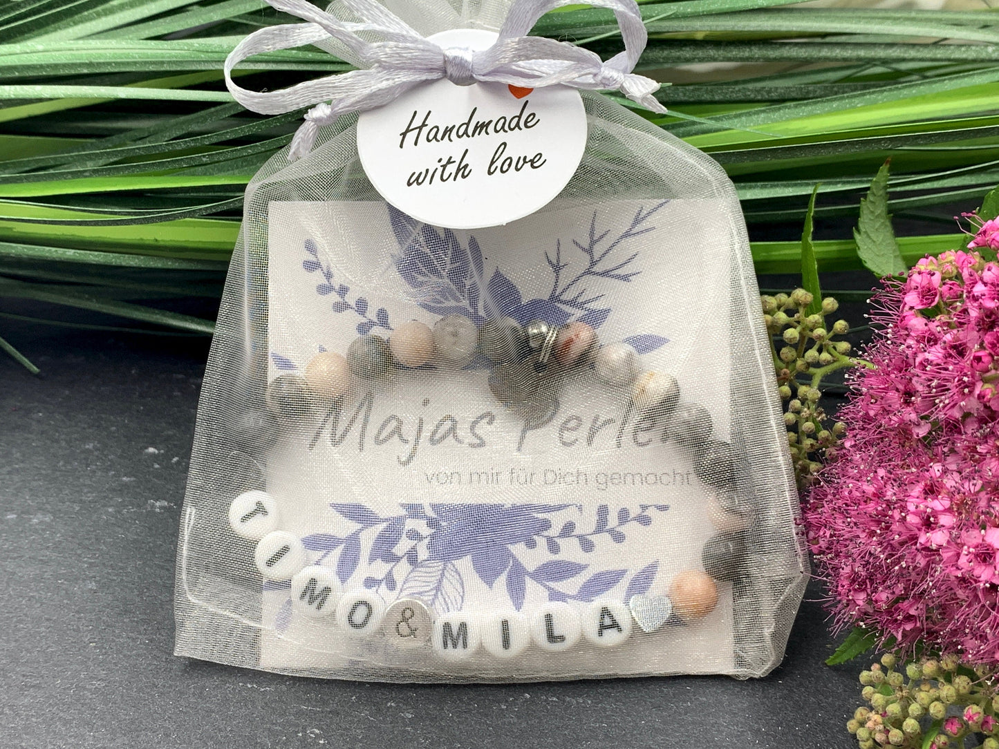 Armband Amazonit Mama und Kindername - Herzen Hämatit - Geschenk Schwangerschaft Baby Geburt Perlenarmband personalisierbar div. Edelsteine