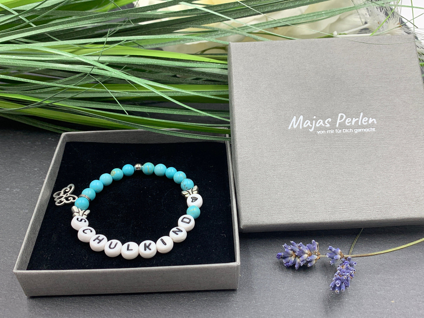 Armband Schulkind Türkis - Glücksbringer Perlenarmband erster Schultag Geschenk Einschulung - Edelstein wählbar - personalisierbar