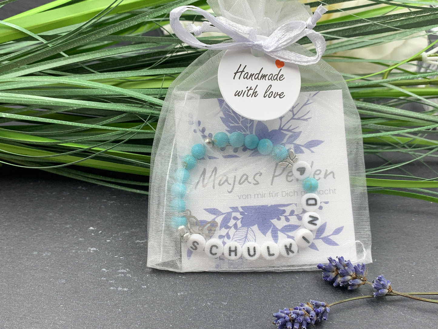 Armband Schulkind Türkis - Glücksbringer Perlenarmband erster Schultag Geschenk Einschulung - Edelstein wählbar - personalisierbar