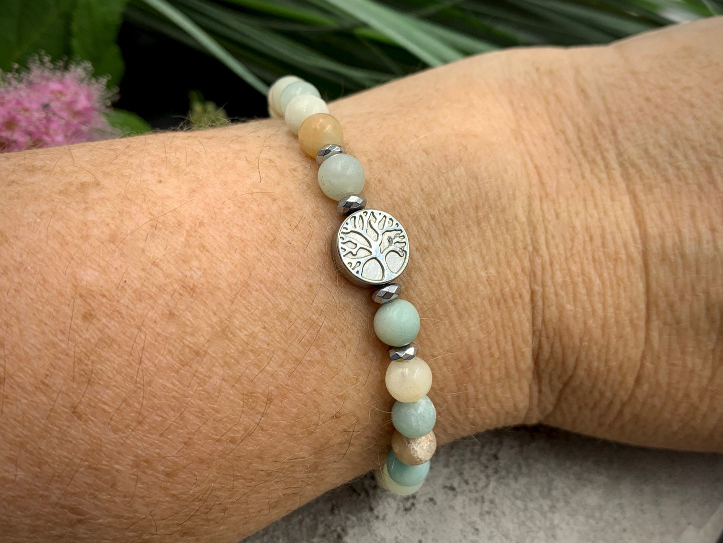 Perlenarmband Amazonit Lebensbaum Hämatit Silber - Gunmetal Dunkelsilber Roségold- spirituelles Armband Wachstum Ganzheit - personalisierbar