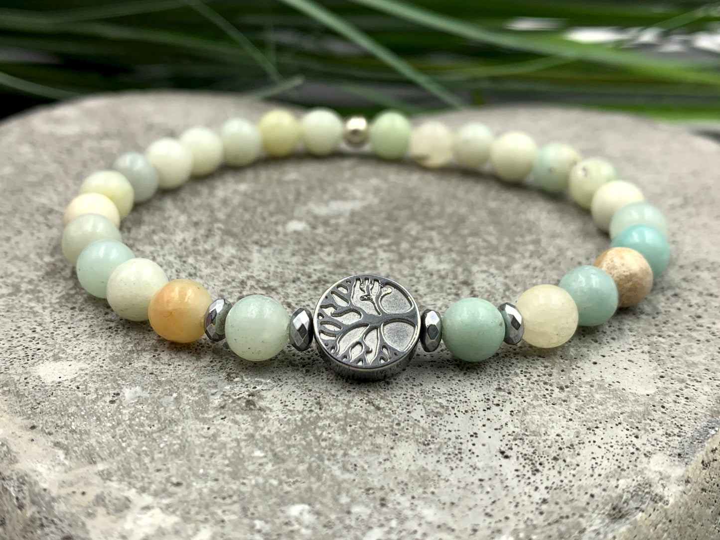 Perlenarmband Amazonit Lebensbaum Hämatit Silber - Gunmetal Dunkelsilber Roségold- spirituelles Armband Wachstum Ganzheit - personalisierbar