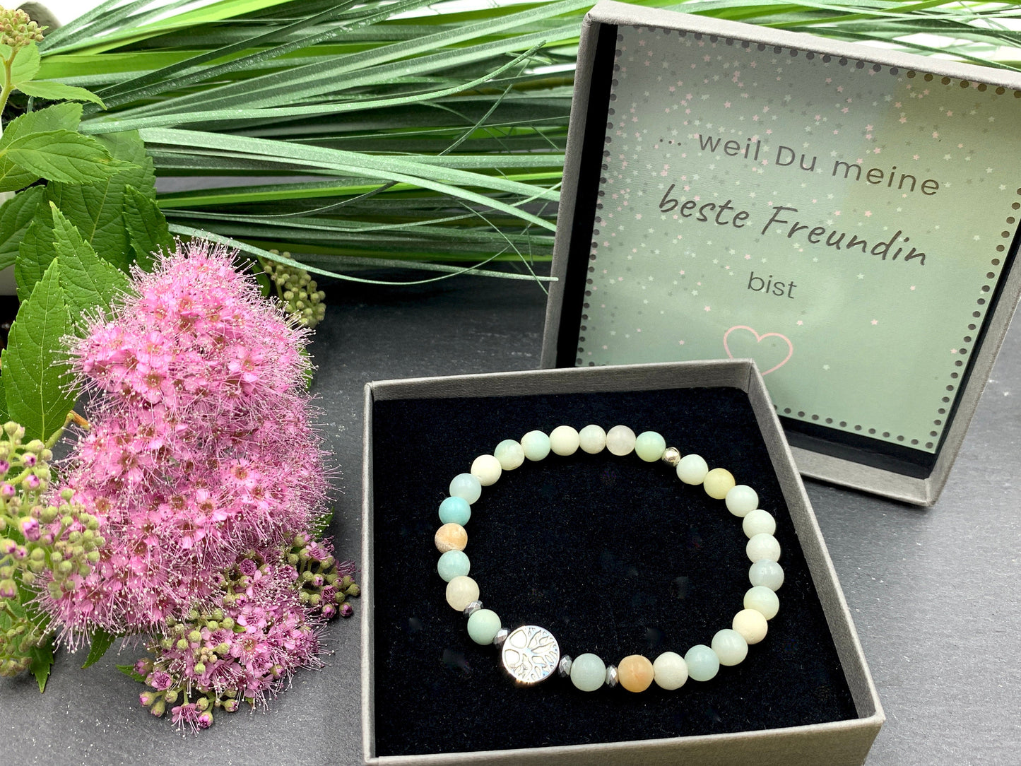 Perlenarmband Amazonit Lebensbaum Hämatit Silber - Gunmetal Dunkelsilber Roségold- spirituelles Armband Wachstum Ganzheit - personalisierbar