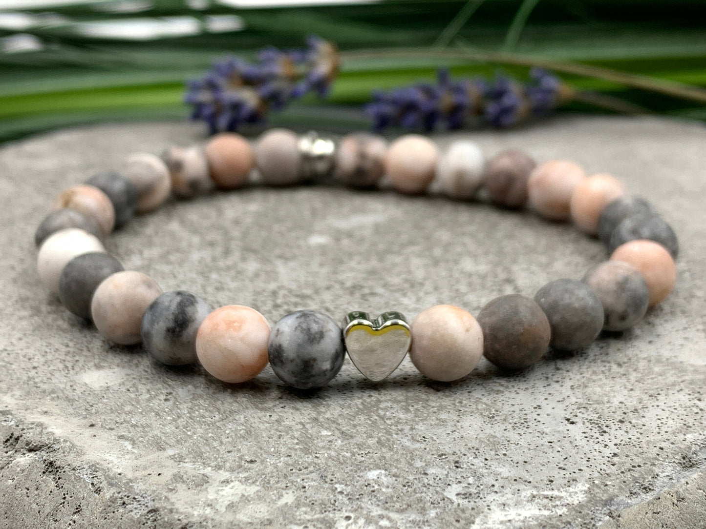 Perlenarmband Zebra Jaspis echter Naturstein - Herz Platiniert - Geschenk Mama Liebe Geburtstag - verschiedene Edelsteine wählbar
