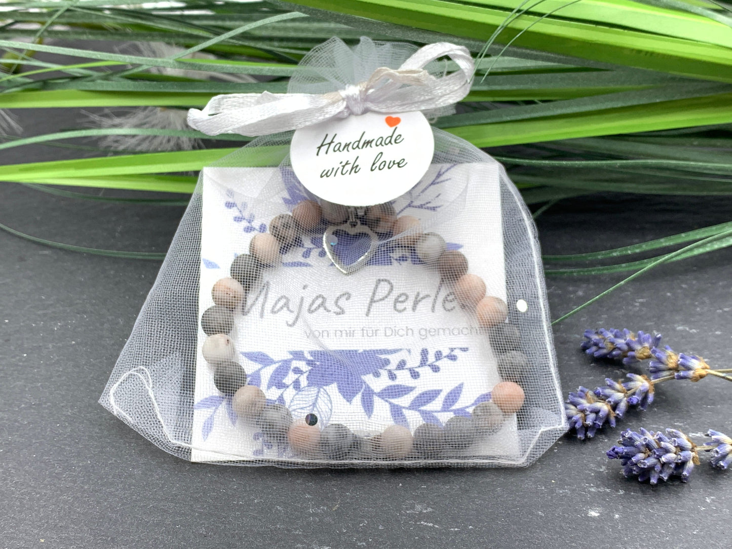 Perlenarmband Zebra Jaspis echter Naturstein - Herz Platiniert - Geschenk Mama Liebe Geburtstag - verschiedene Edelsteine wählbar
