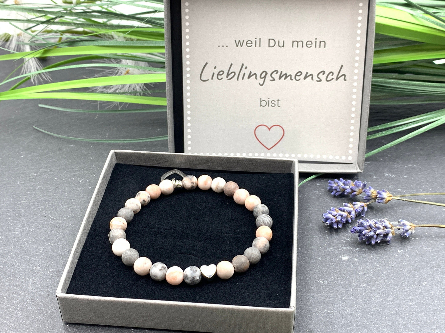 Perlenarmband Zebra Jaspis echter Naturstein - Herz Platiniert - Geschenk Mama Liebe Geburtstag - verschiedene Edelsteine wählbar