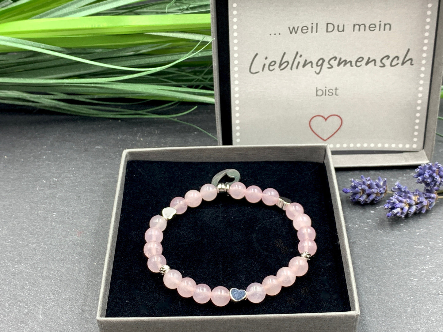 Armband Rosenquarz echt Herzen Platiniert - Geschenk Liebe Freundin Herz- verschiedene Edelsteine - personalierbar