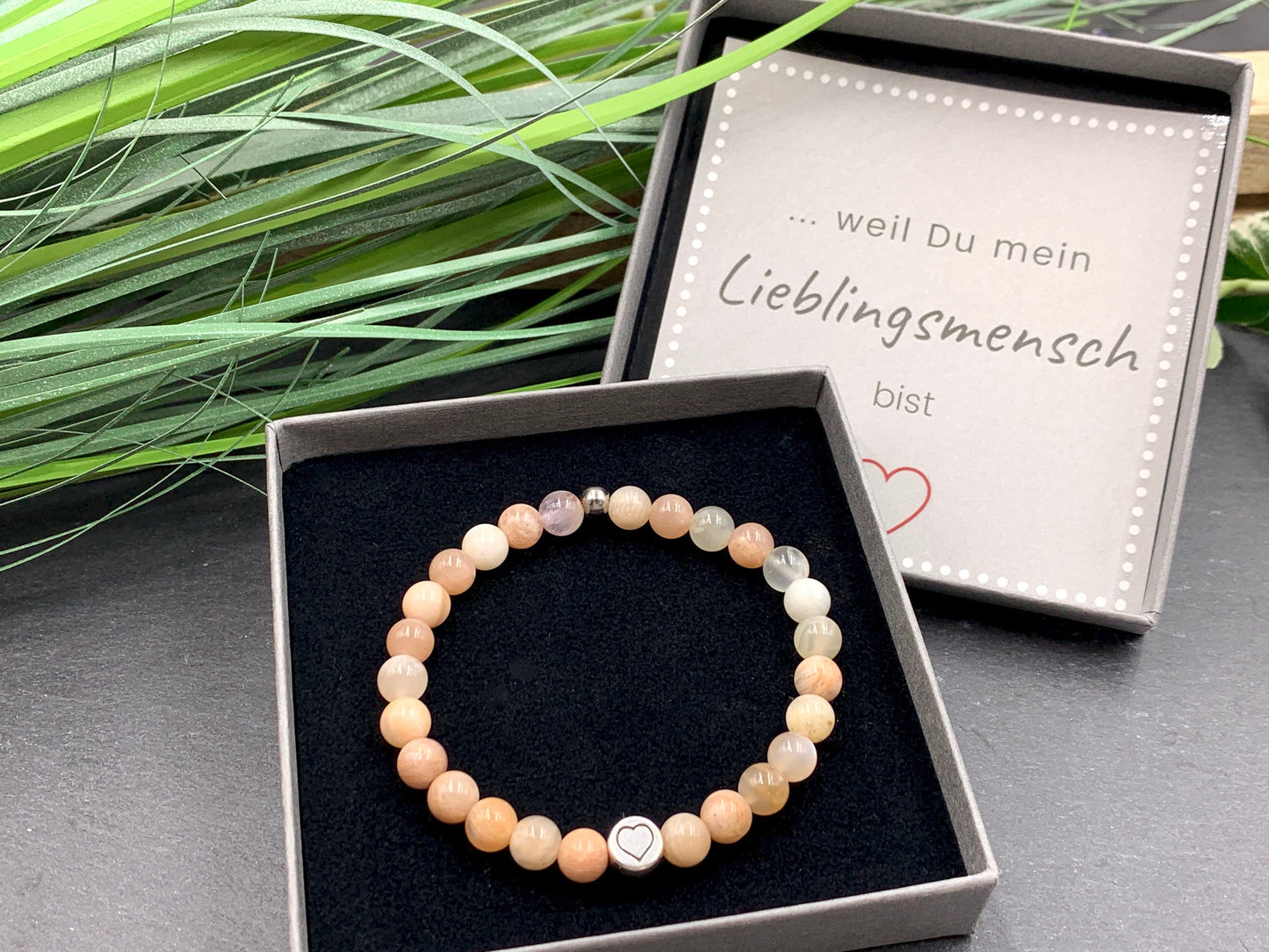 Armband Sonnenstein echter Naturstein mit Herz DQ - Silber Gold Roségold Gunmetal - spirituelles Armband - Geschenk Liebe Glück Freundin
