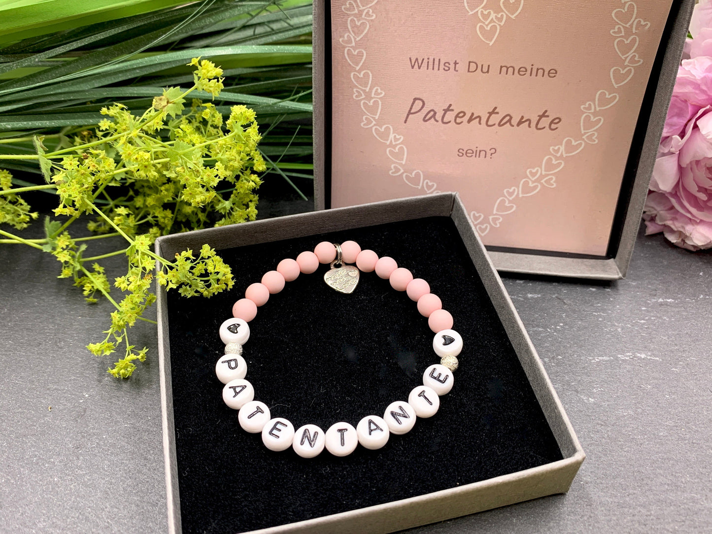 Armband Patentante Zartrosa Acrylperlen 6 mm - Geschenk Erinnerung Patenschaft und Taufe Taufgeschenk - viele Farben - Frage Patenschaft