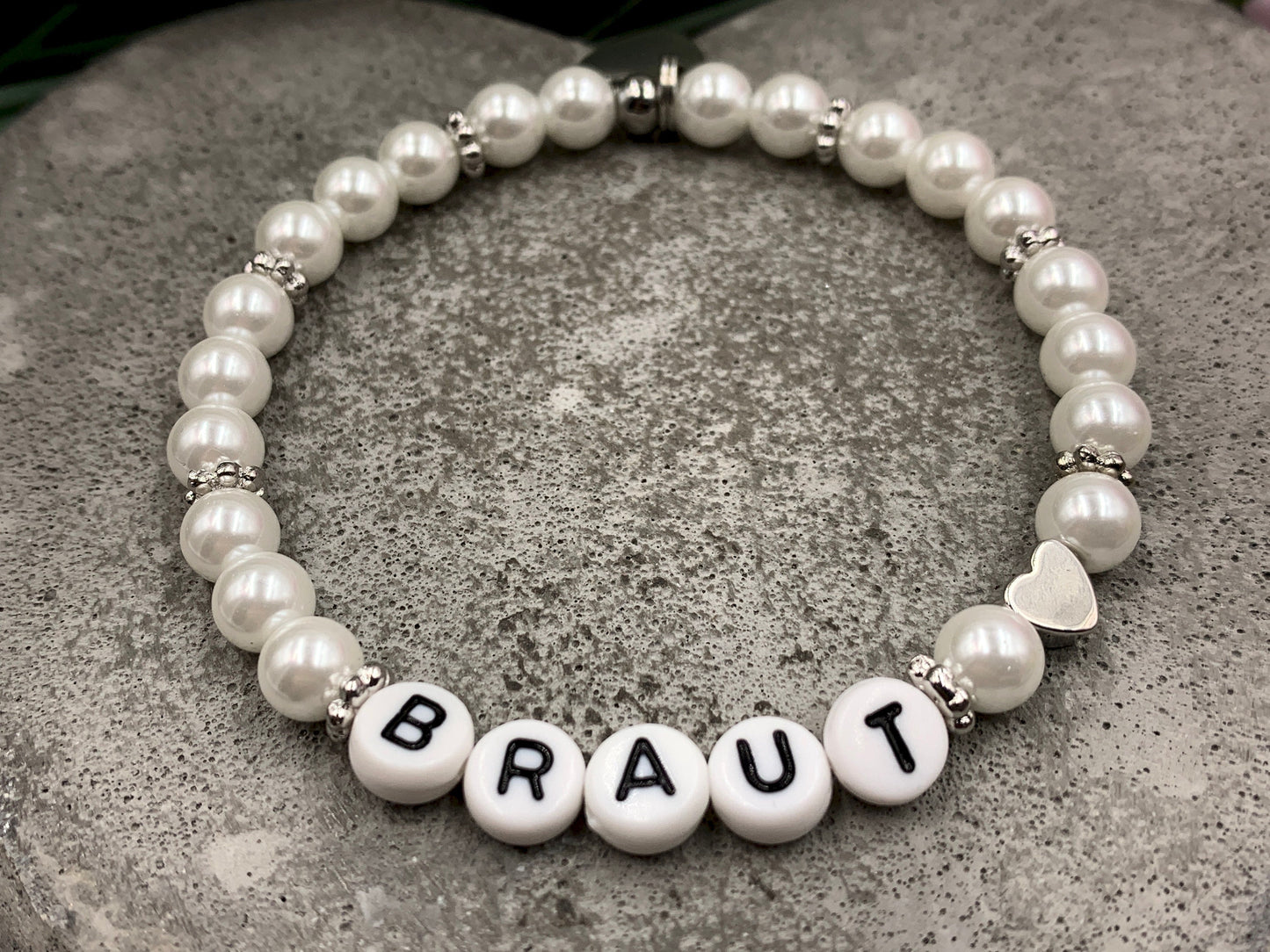 Perlenarmband Braut Weiß gewachste Glasperlen Perlmuttimitat Herz Platiniert Brautschmuck Perlenarmband Hochzeit Erinnerungsarmband heiraten