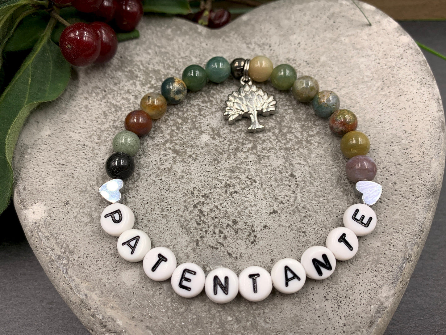 Armband Patentante Indischer Achat - Geschenk für Patin Patenschaft Taufgeschenk Andenken an Taufe - viele Edelsteine personalisierbar