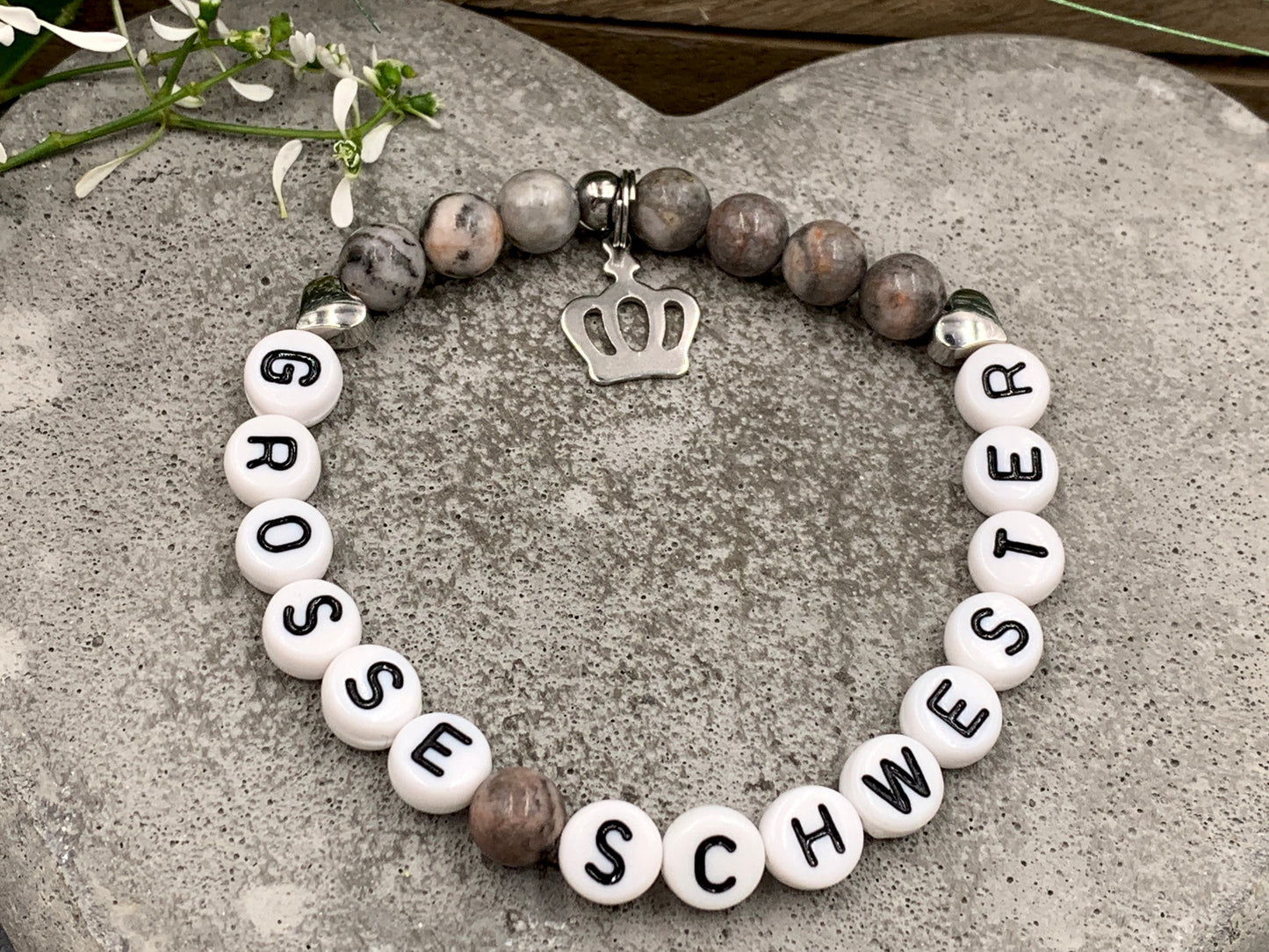 Armband Grosse Schwester Zebra Jaspis Herzen Messing Platiniert - Geschenk Schwesterherz Bruder Geburt Geschwisterkind - diverse Edelsteine