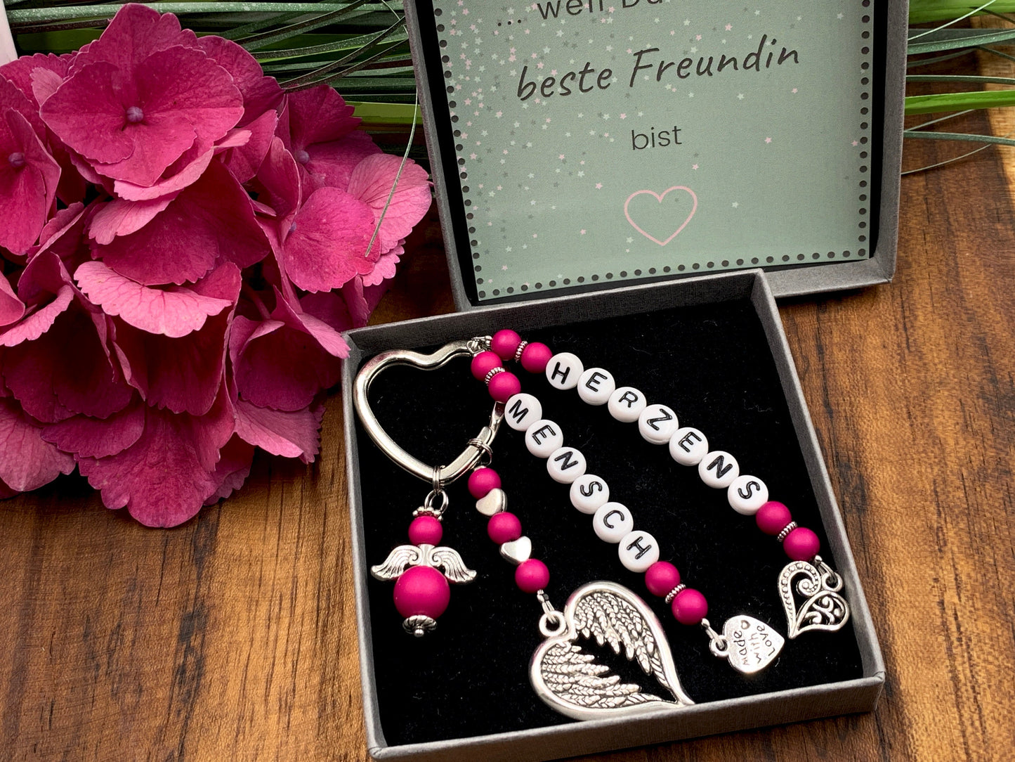 Schlüsselanhänger Herzensmensch Perlen Acryl Beere - Geschenk Lieblingsmensch beste Freundin - personalisierbar - Edelsteine möglich