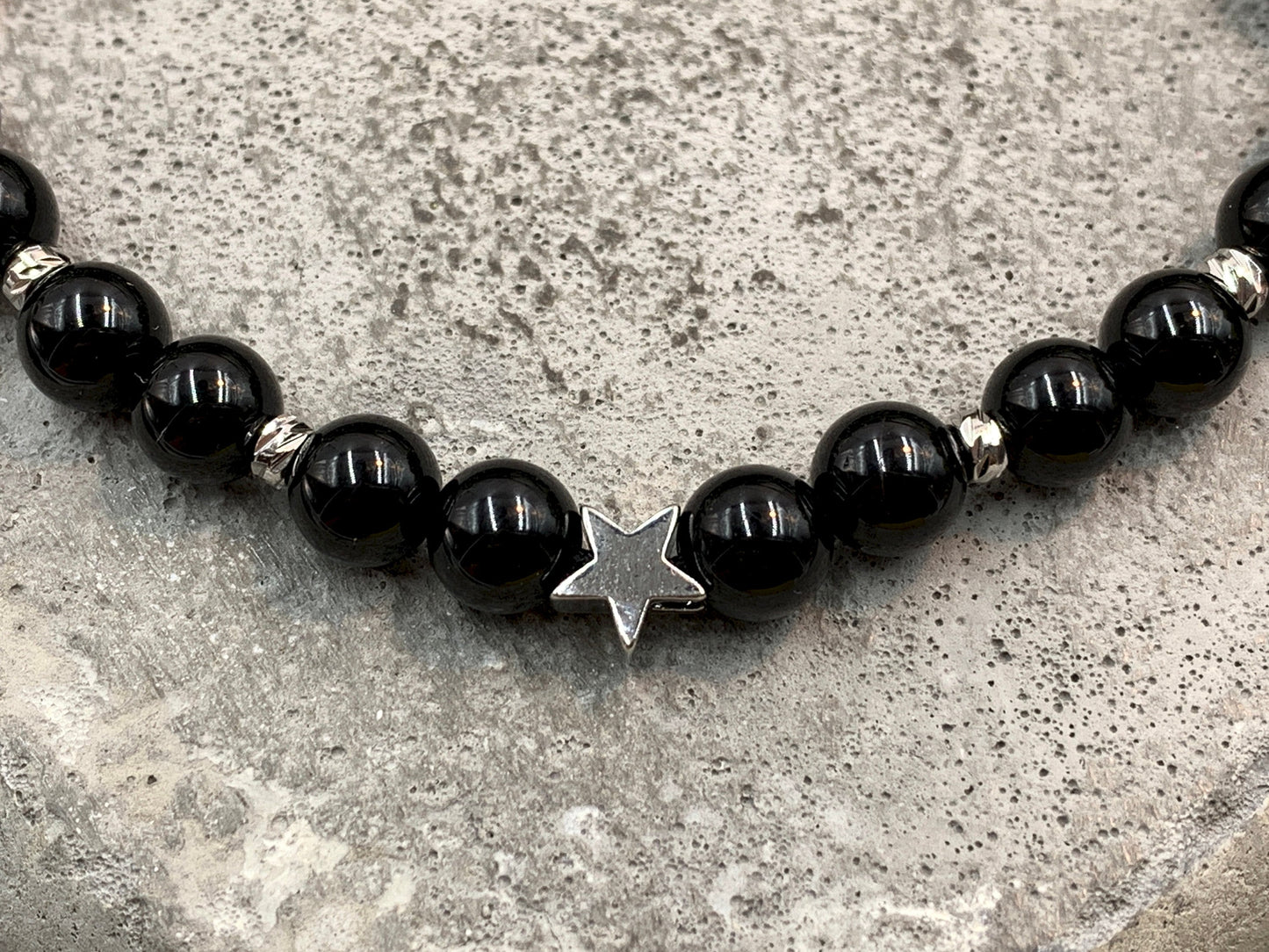 Armband schwarzer Achat Makramee Sterne Facettenperlen echt Platiniert - Glücksarmband Lieblingsmensch - Edelstein wählbar personalisierbar