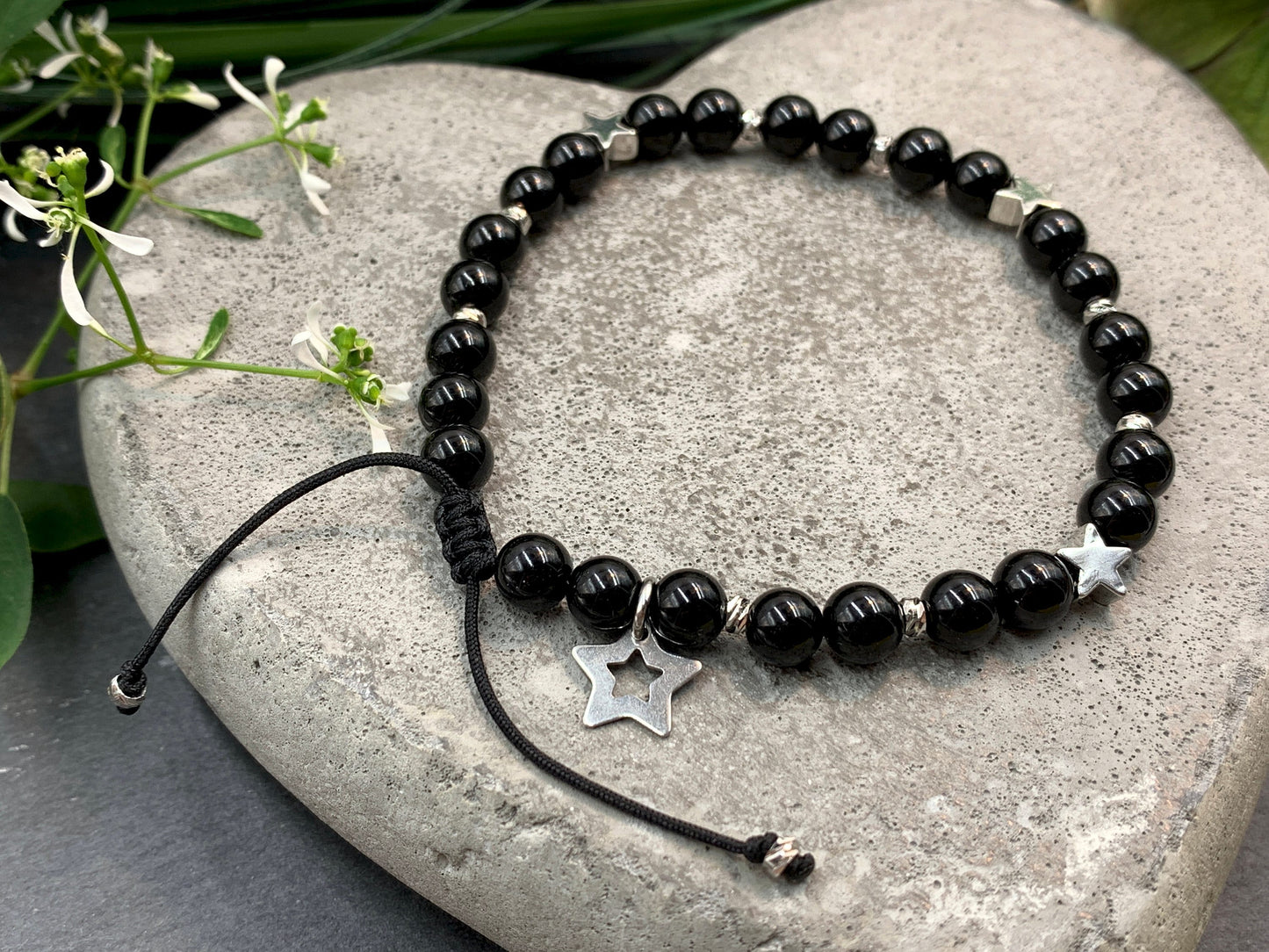 Armband schwarzer Achat Makramee Sterne Facettenperlen echt Platiniert - Glücksarmband Lieblingsmensch - Edelstein wählbar personalisierbar
