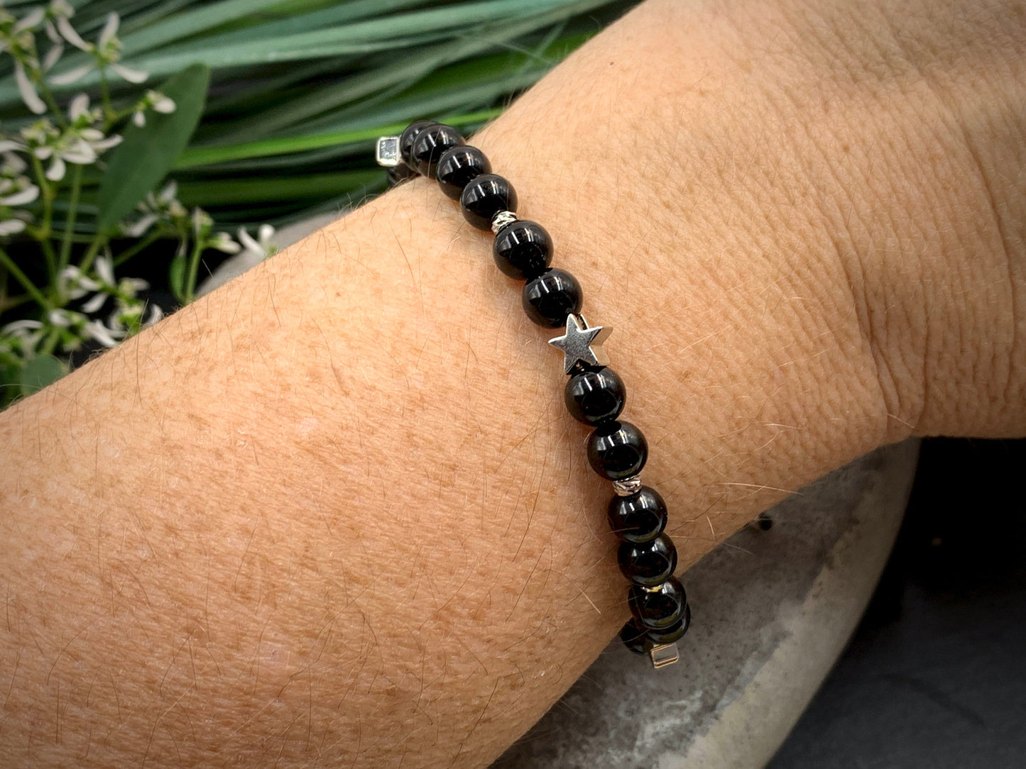 Armband schwarzer Achat Makramee Sterne Facettenperlen echt Platiniert - Glücksarmband Lieblingsmensch - Edelstein wählbar personalisierbar