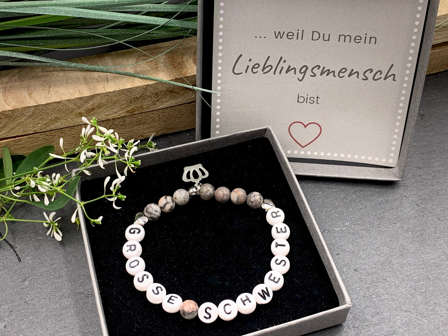 Armband Grosse Schwester Zebra Jaspis Herzen Messing Platiniert - Geschenk Schwesterherz Bruder Geburt Geschwisterkind - diverse Edelsteine