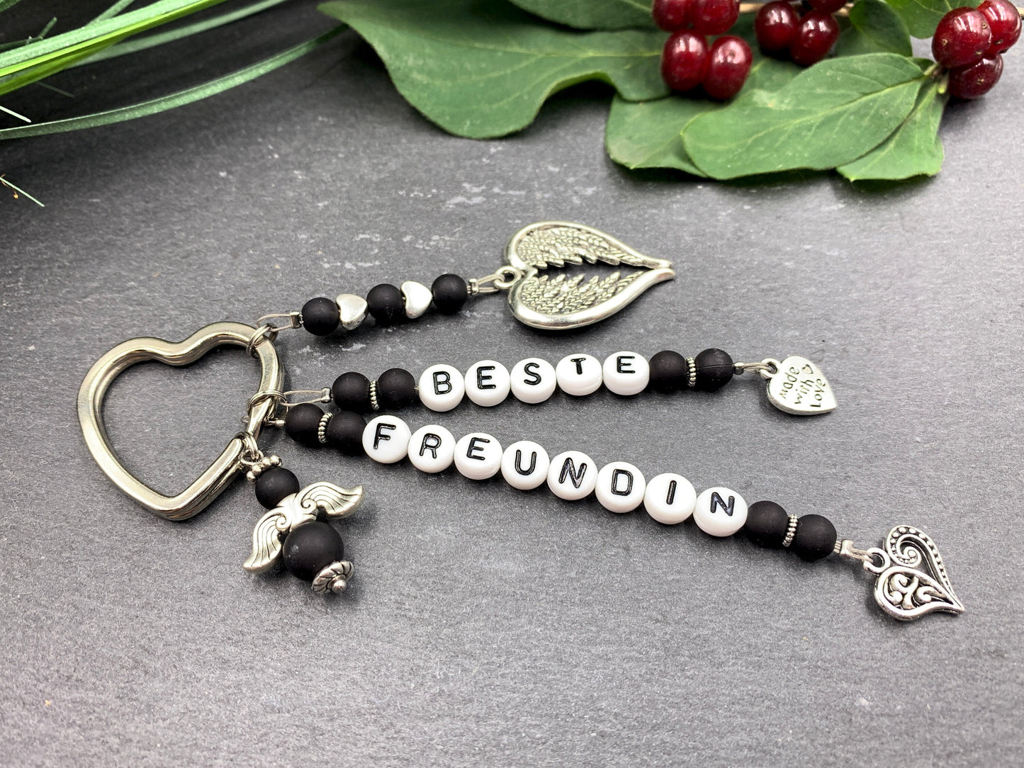 Schlüsselanhänger Beste Freundin Perlen Acryl Schwarz - Geschenk Liebe Lieblingsmensch Freundschaft - anpassbar - echte Edelsteine möglich