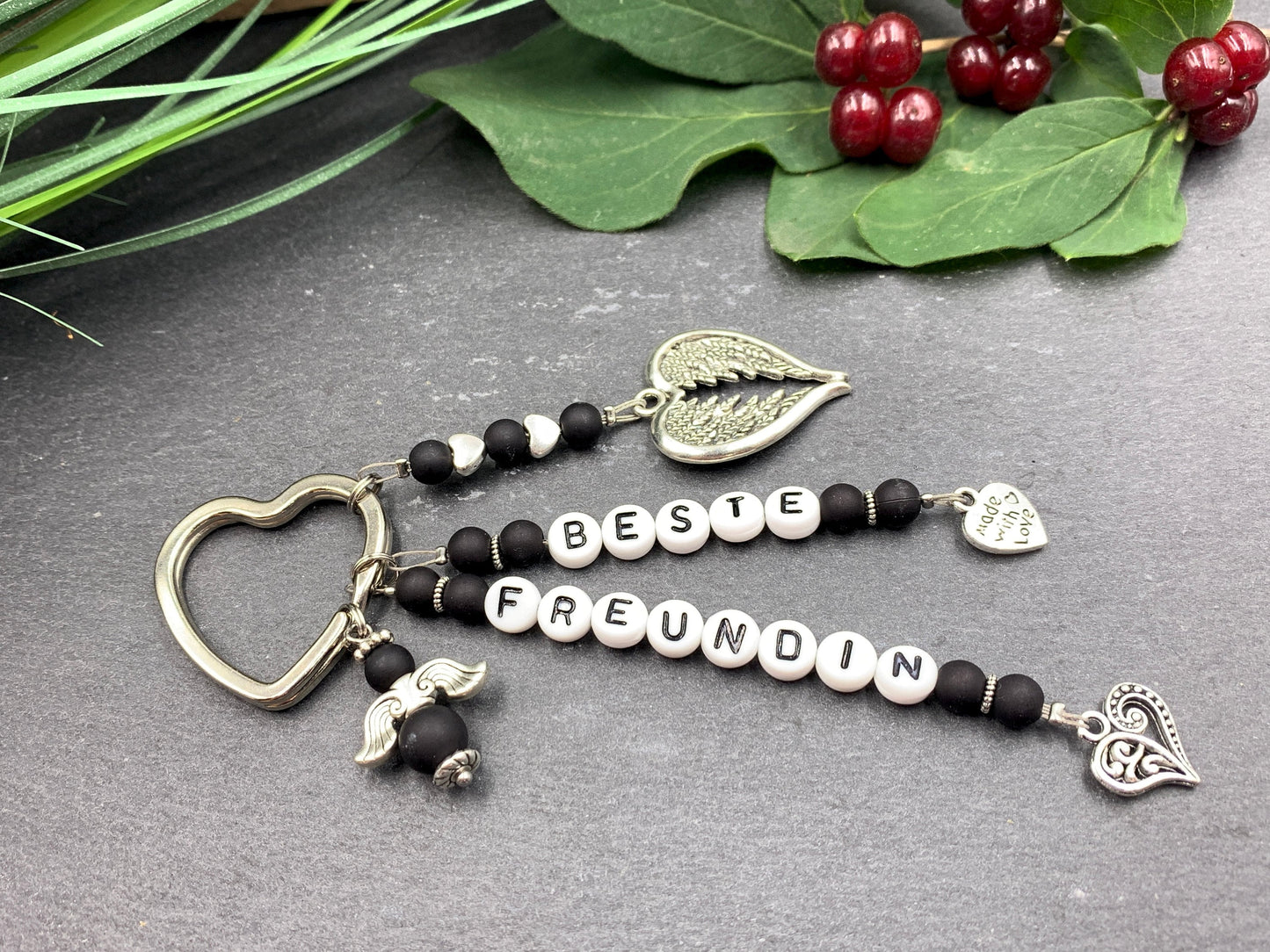 Schlüsselanhänger Beste Freundin Perlen Acryl Schwarz - Geschenk Liebe Lieblingsmensch Freundschaft - anpassbar - echte Edelsteine möglich