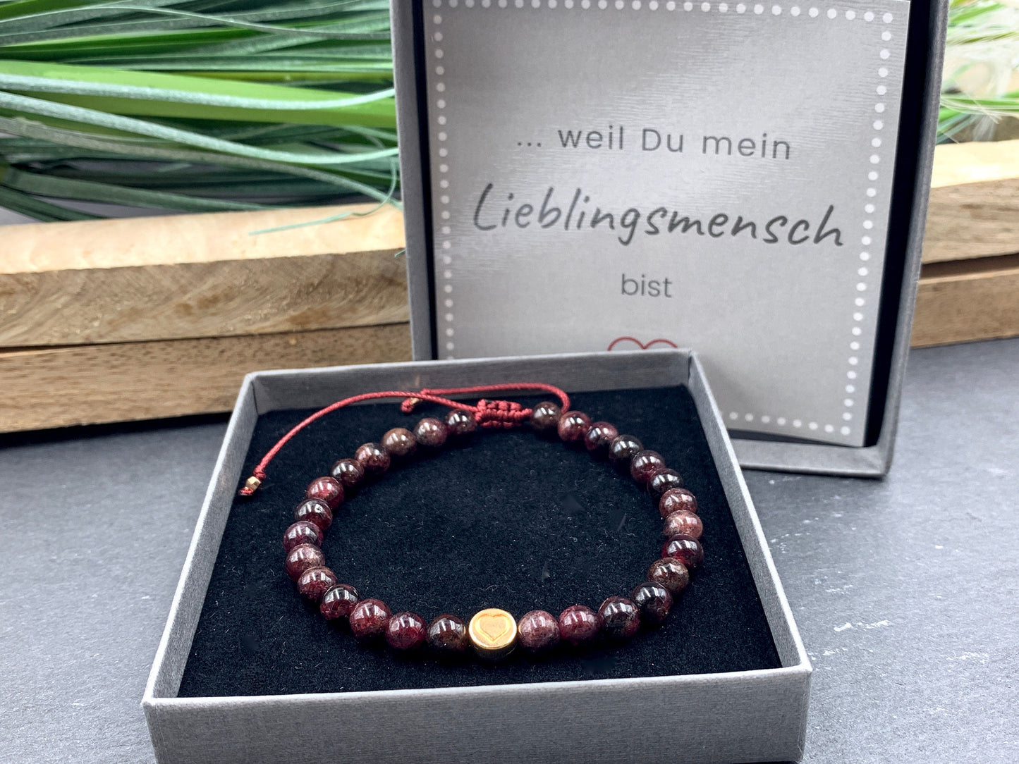 Armband Makramee Granat echter Naturstein Makramee - Herz DQ Roségold - Silber Gold Gunmetal - spirituelles Armband - Geschenk Liebe Glück