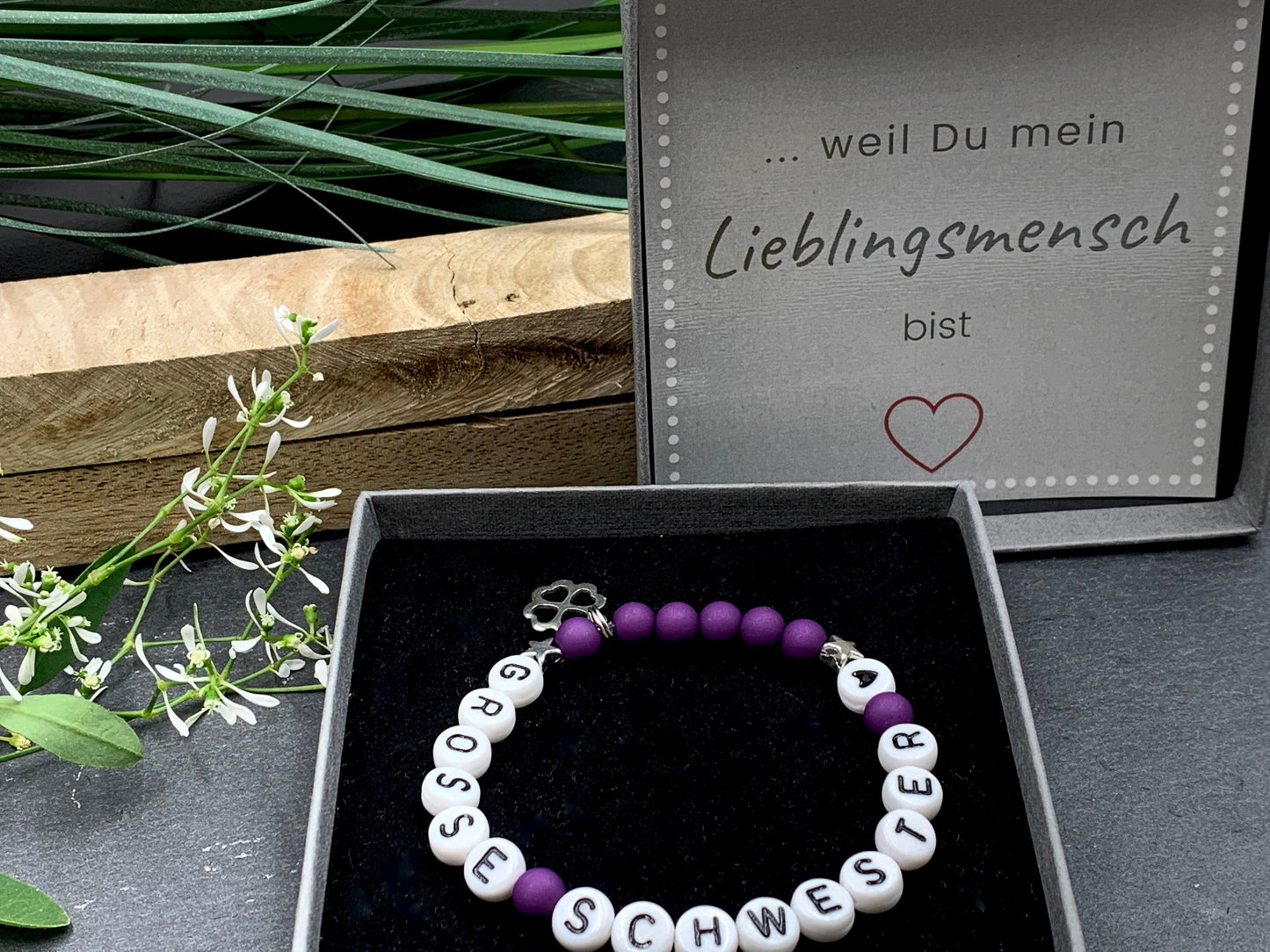 Armband Grosse Schwester Purple Acryl - Geschenk kleine Schwester kleiner Bruder Kinderarmaband mit Namen - Wunschfarbe personalisierbar