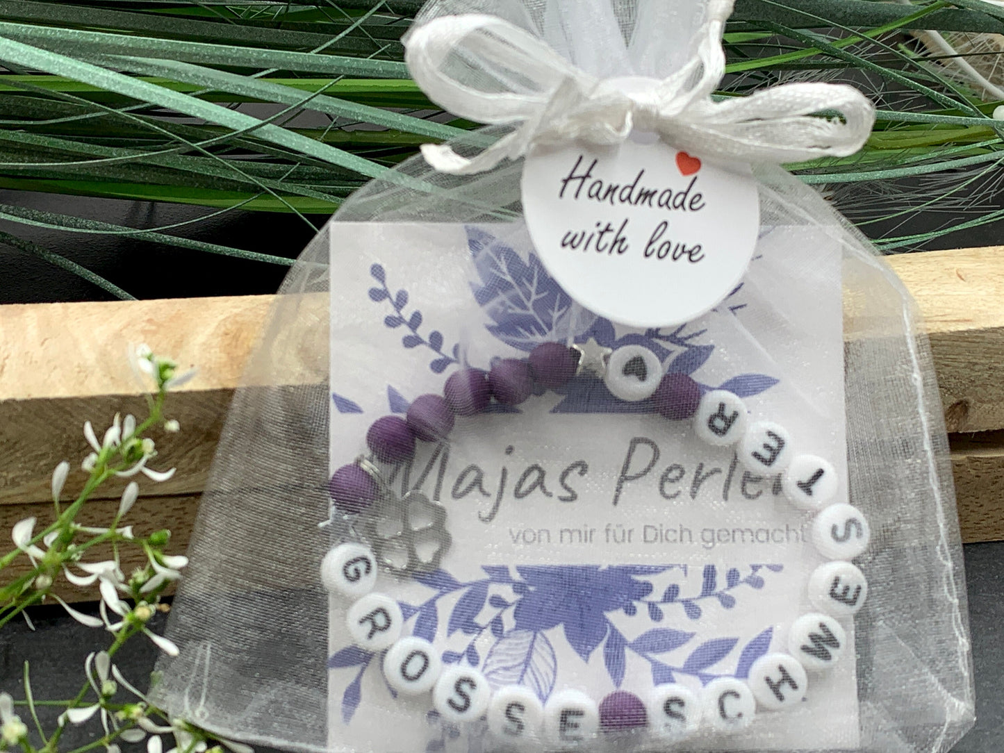 Armband Grosse Schwester Purple Acryl - Geschenk kleine Schwester kleiner Bruder Kinderarmaband mit Namen - Wunschfarbe personalisierbar