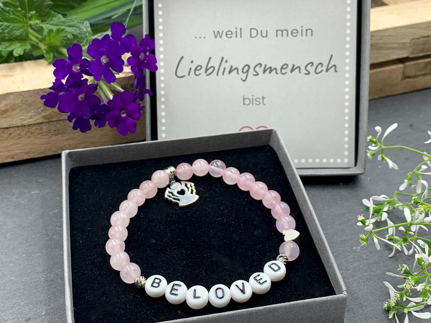 Armband Rosenquarz beloved - Herzen Platiniert - Geschenk Liebe Freundschaft Glück Lieblingsmensch - Wunschedelstein personalisierbar