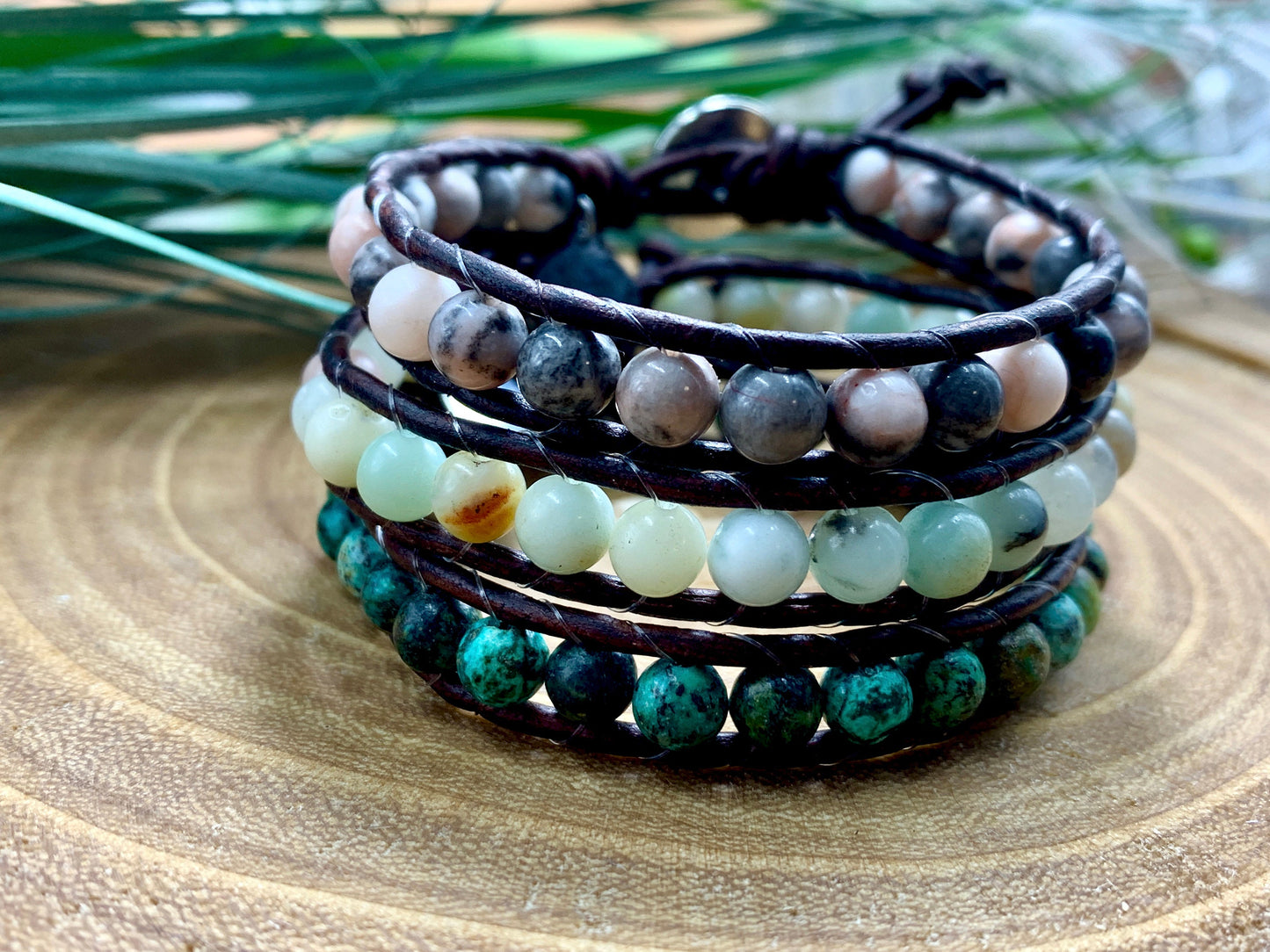 Wickelarmband Afrikanischer Türkis und Leder Vintagestill - Bohoarmband Festivalstil - viele Edelsteine möglich - Geschenk Perlenarmband