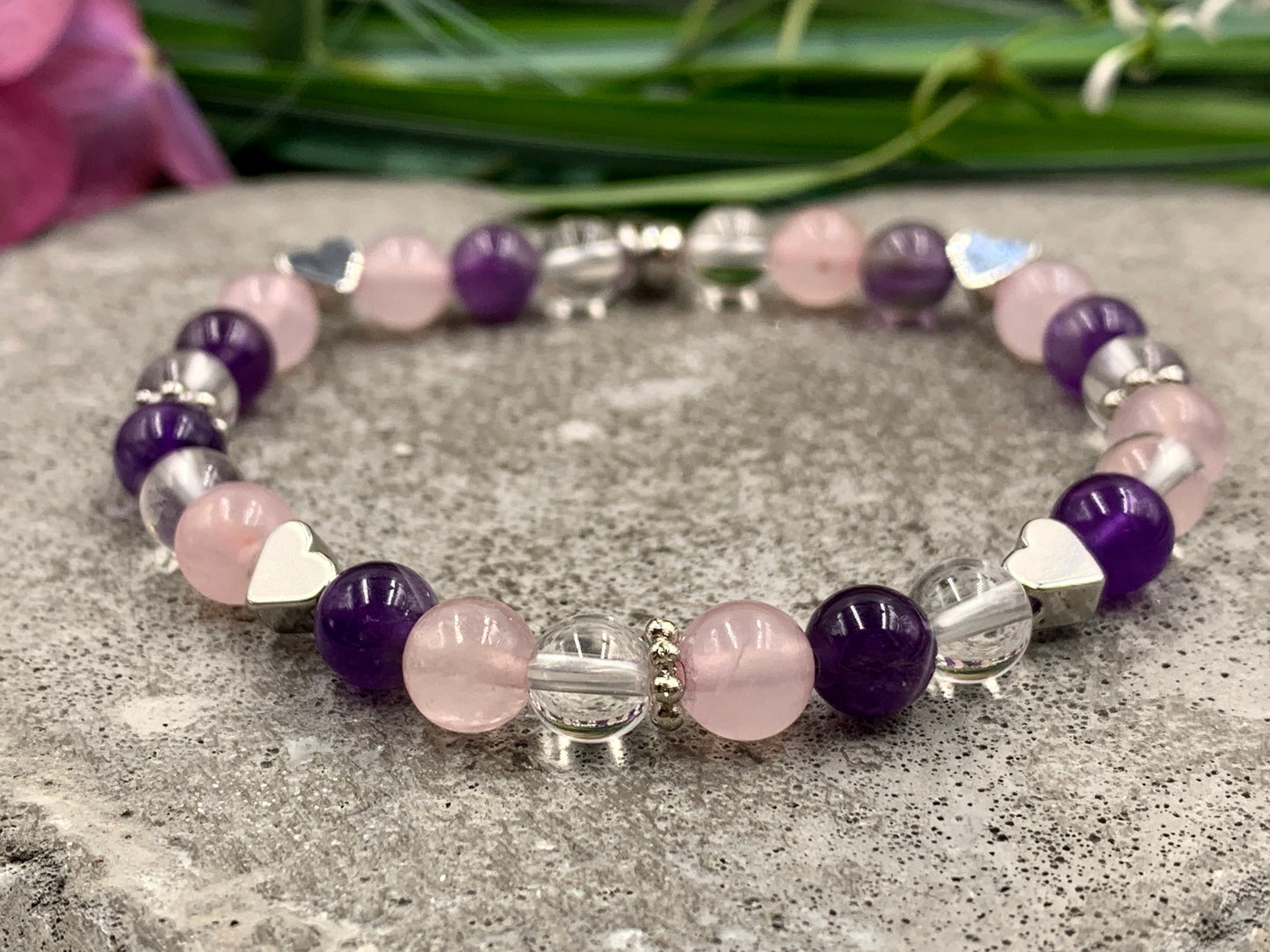 Armband Mix Amethyst Bergkristall Rosenquarz mit Herzen echt platiniert - spirituelles Armband Innere Ruhe Herzchakra Liebe Energie