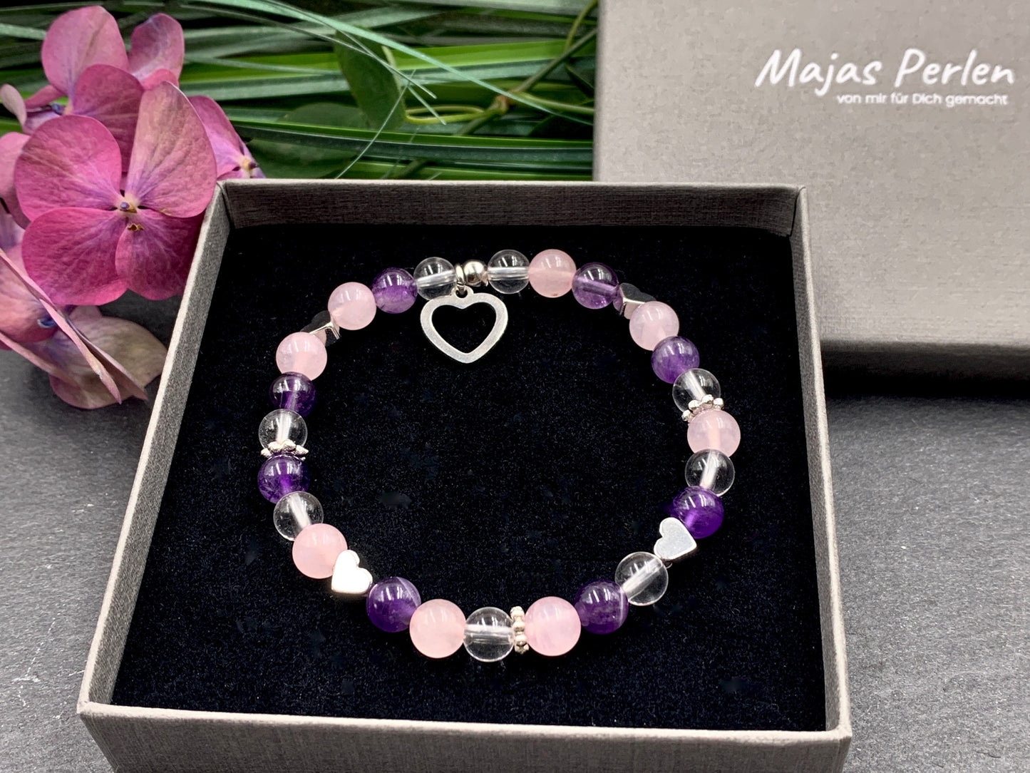 Armband Mix Amethyst Bergkristall Rosenquarz mit Herzen echt platiniert - spirituelles Armband Innere Ruhe Herzchakra Liebe Energie