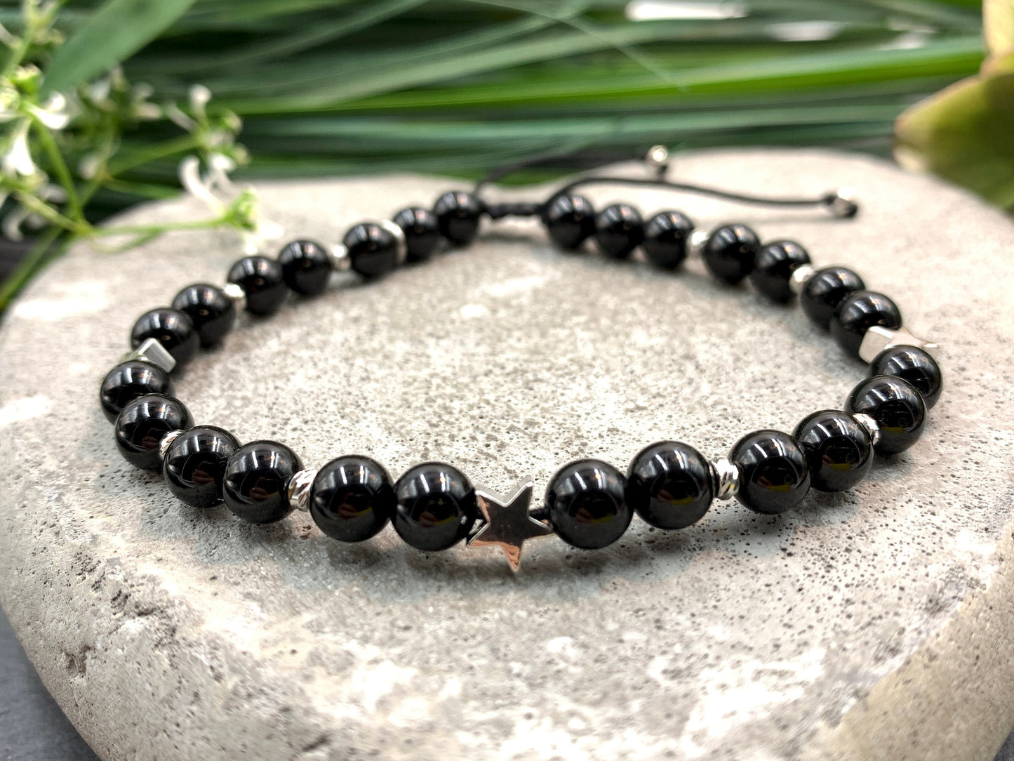 Armband schwarzer Achat Makramee Sterne Facettenperlen echt Platiniert - Glücksarmband Lieblingsmensch - Edelstein wählbar personalisierbar
