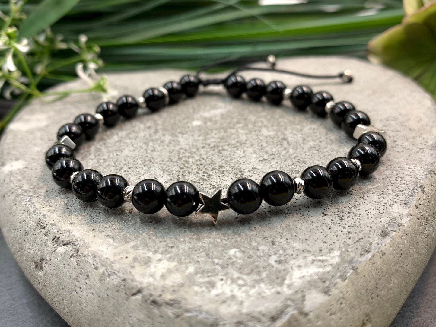 Armband schwarzer Achat Makramee Sterne Facettenperlen echt Platiniert - Glücksarmband Lieblingsmensch - Edelstein wählbar personalisierbar