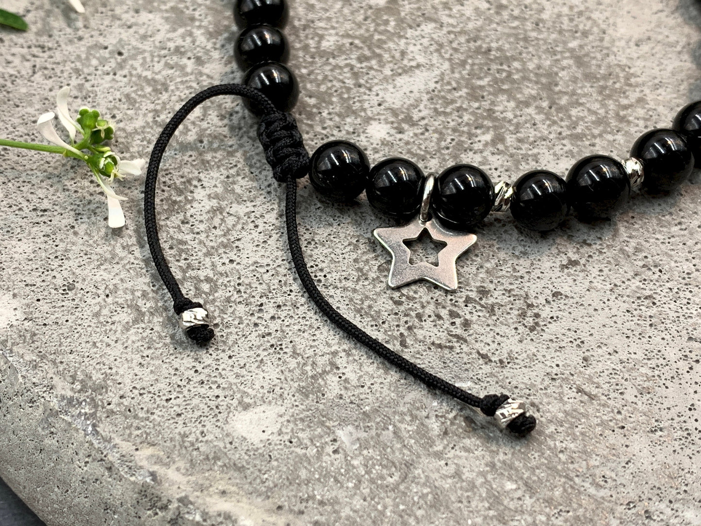 Armband schwarzer Achat Makramee Sterne Facettenperlen echt Platiniert - Glücksarmband Lieblingsmensch - Edelstein wählbar personalisierbar