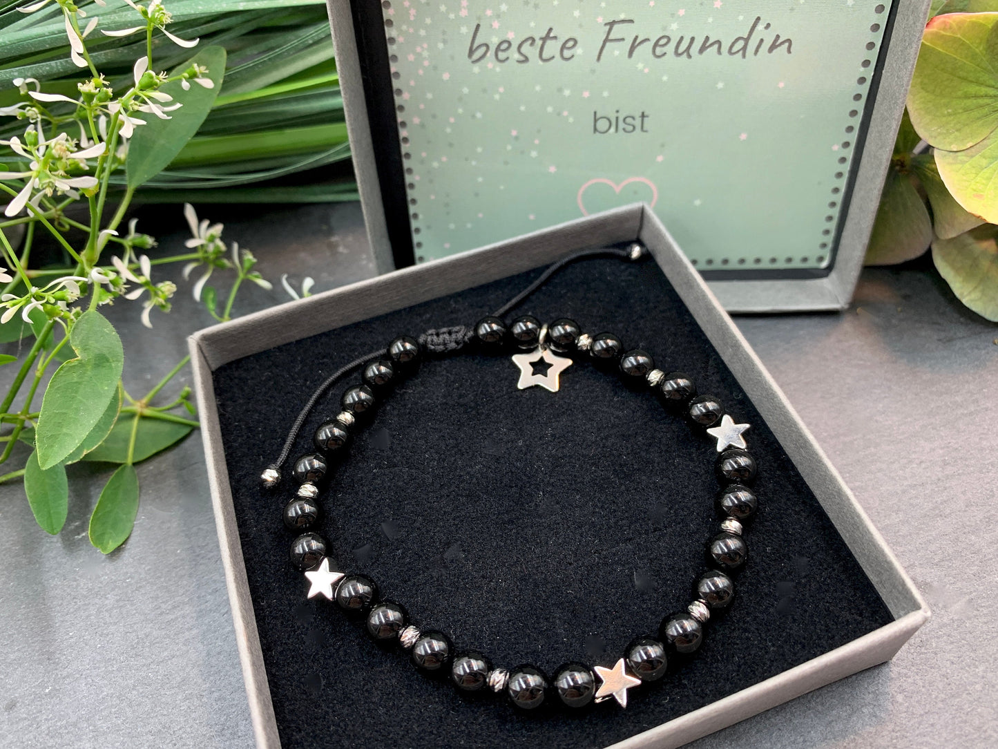 Armband schwarzer Achat Makramee Sterne Facettenperlen echt Platiniert - Glücksarmband Lieblingsmensch - Edelstein wählbar personalisierbar